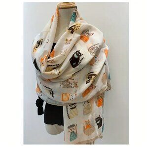 Boho Chic Cat Print Lightweight Scarf Soft, Breathable Shawl Kitten Design